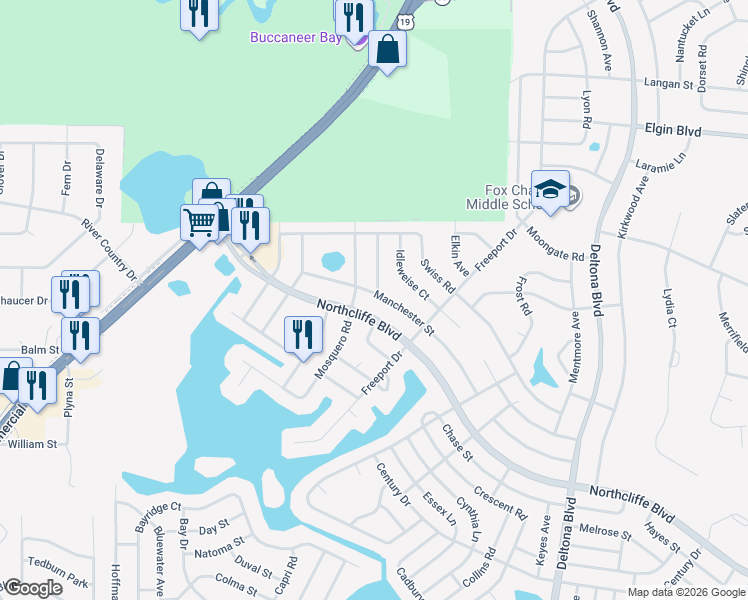 map of restaurants, bars, coffee shops, grocery stores, and more near 9078 Manchester Street in Spring Hill