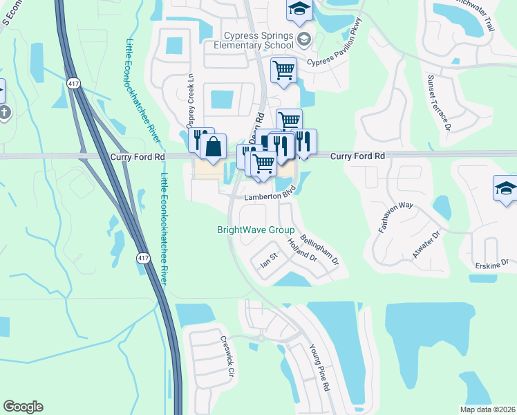 map of restaurants, bars, coffee shops, grocery stores, and more near 10113 Andover Point Circle in Orlando