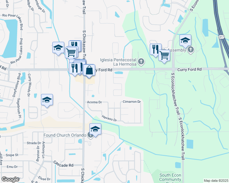 map of restaurants, bars, coffee shops, grocery stores, and more near 3205 Birmingham Boulevard in Orlando