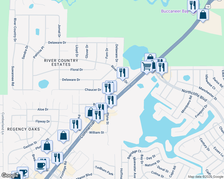 map of restaurants, bars, coffee shops, grocery stores, and more near 5327 Commercial Way in Spring Hill