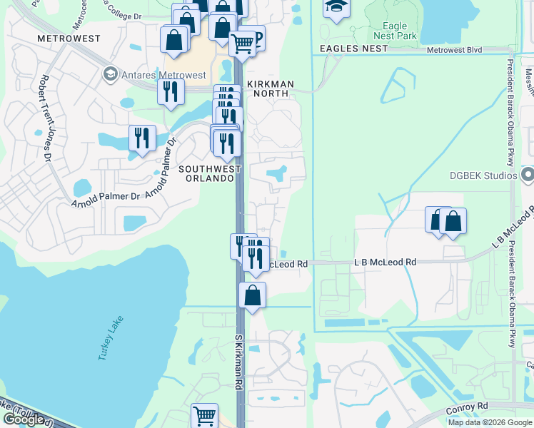 map of restaurants, bars, coffee shops, grocery stores, and more near 3319 South Kirkman Road in Orlando