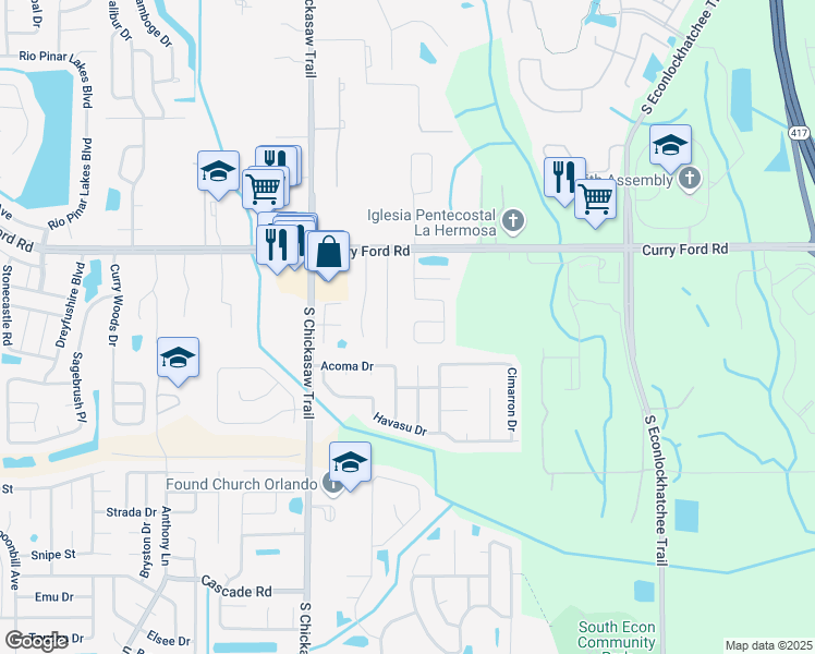 map of restaurants, bars, coffee shops, grocery stores, and more near 3205 Birmingham Boulevard in Orlando