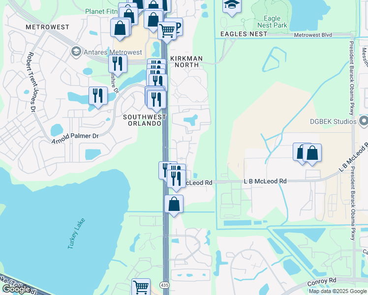 map of restaurants, bars, coffee shops, grocery stores, and more near 3319 South Kirkman Road in Orlando
