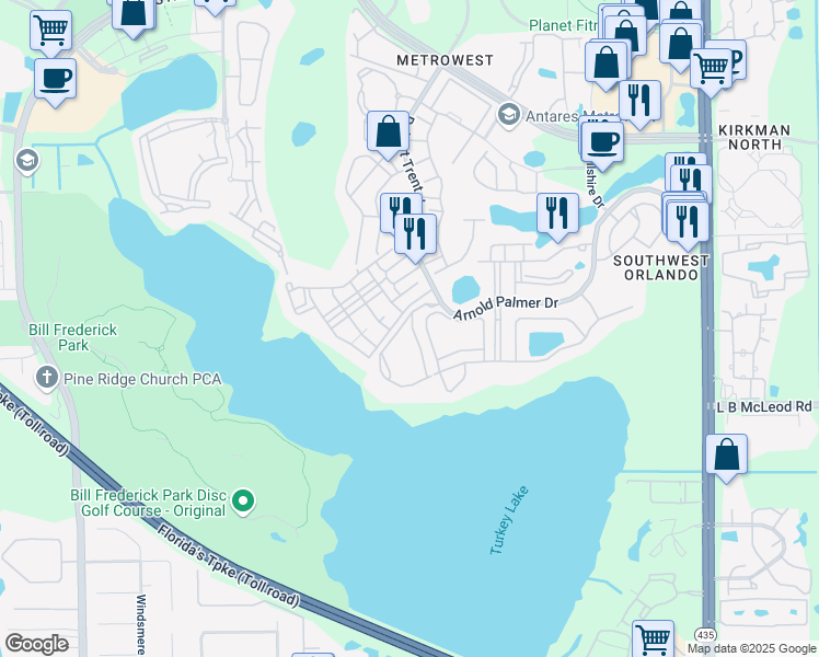 map of restaurants, bars, coffee shops, grocery stores, and more near 3396 Parkchester Square Boulevard in Orlando