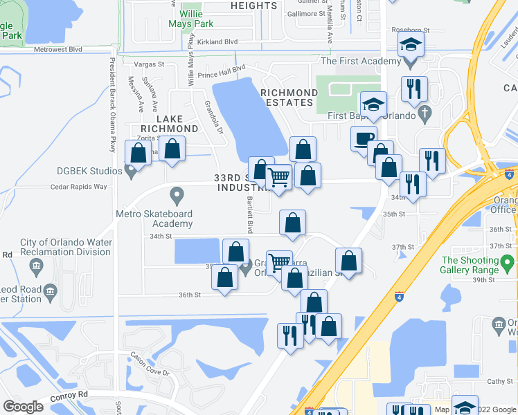 map of restaurants, bars, coffee shops, grocery stores, and more near 3301 Bartlett Boulevard in Orlando