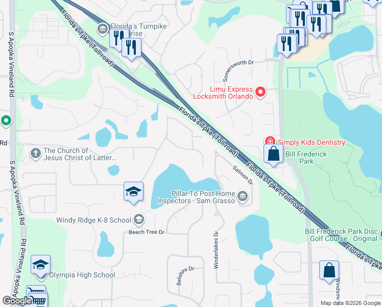map of restaurants, bars, coffee shops, grocery stores, and more near 7630 Kings Passage Avenue in Orlando