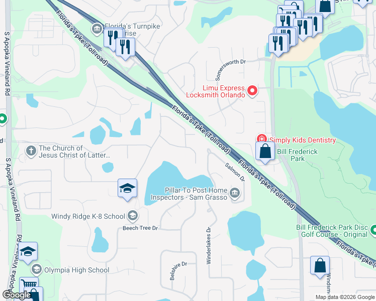 map of restaurants, bars, coffee shops, grocery stores, and more near 7630 Kings Passage Avenue in Orlando