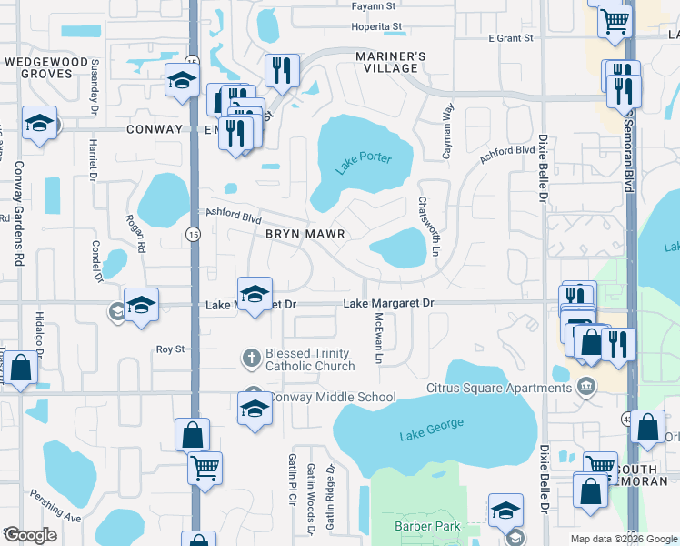 map of restaurants, bars, coffee shops, grocery stores, and more near 3493 Heatherstone Court in Orlando