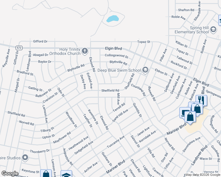 map of restaurants, bars, coffee shops, grocery stores, and more near 11345 Sheffield Road in Spring Hill