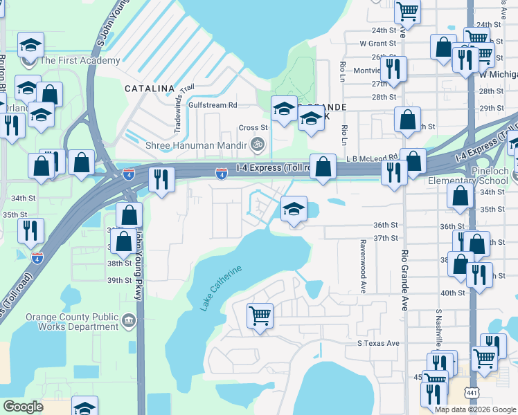 map of restaurants, bars, coffee shops, grocery stores, and more near 1901 Onaka Drive in Orlando