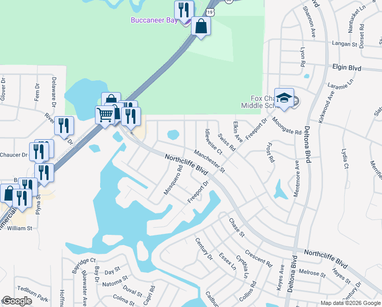 map of restaurants, bars, coffee shops, grocery stores, and more near 9078 Manchester Street in Spring Hill