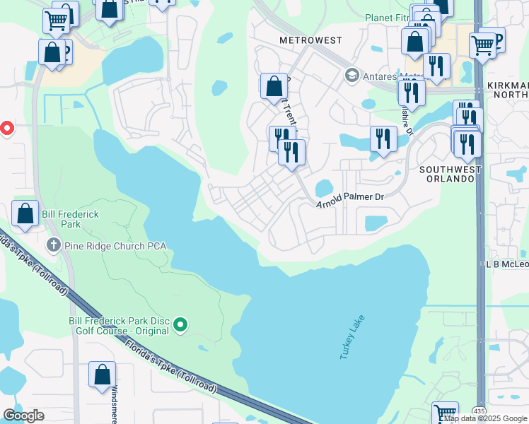 map of restaurants, bars, coffee shops, grocery stores, and more near 3383 Westchester Square Boulevard in Orlando