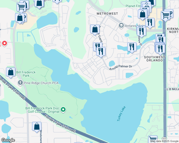 map of restaurants, bars, coffee shops, grocery stores, and more near 3383 Westchester Square Boulevard in Orlando