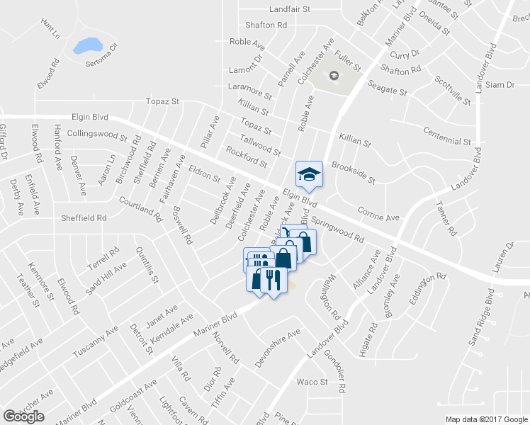 map of restaurants, bars, coffee shops, grocery stores, and more near 5259 Roble Avenue in Spring Hill