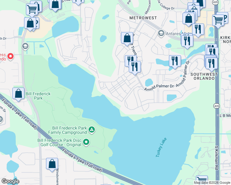 map of restaurants, bars, coffee shops, grocery stores, and more near 3383 Westchester Square Boulevard in Orlando