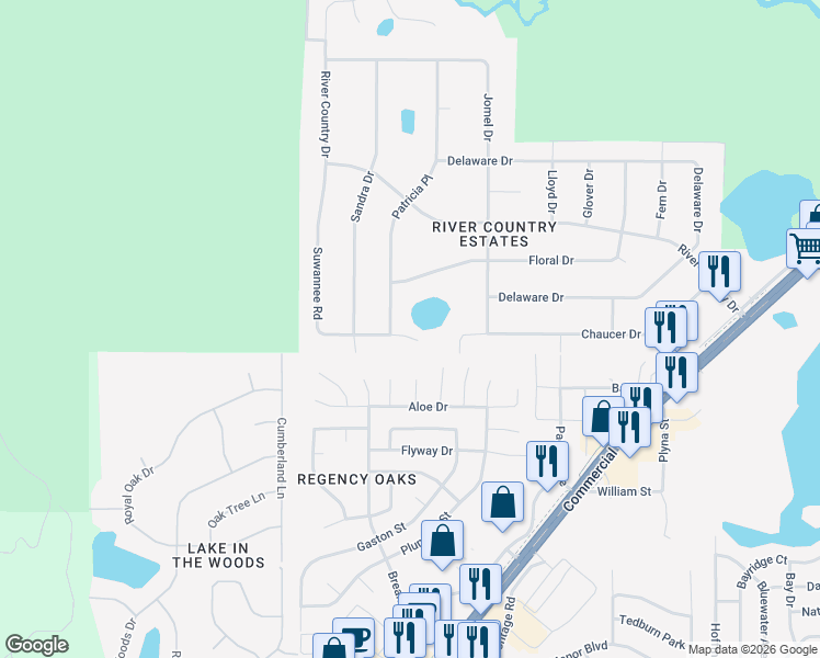 map of restaurants, bars, coffee shops, grocery stores, and more near 5092 Suwannee Road in Spring Hill