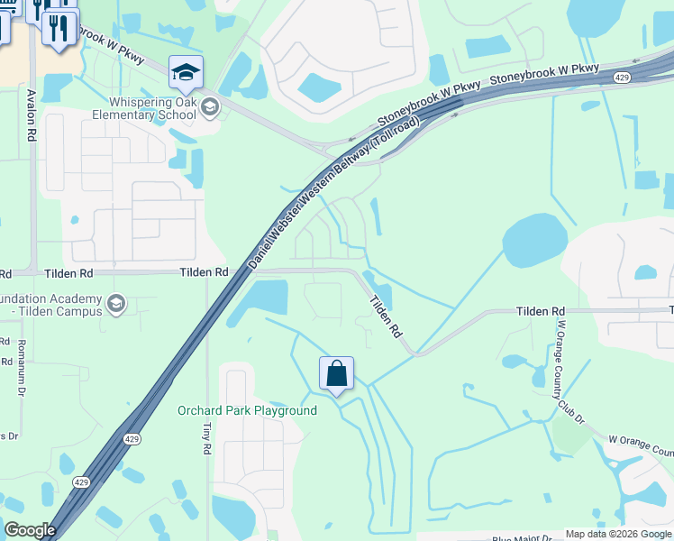 map of restaurants, bars, coffee shops, grocery stores, and more near 14872 Tilden Road in Winter Garden