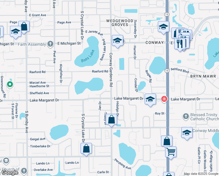 map of restaurants, bars, coffee shops, grocery stores, and more near 2923 Conway Gardens Road in Orlando