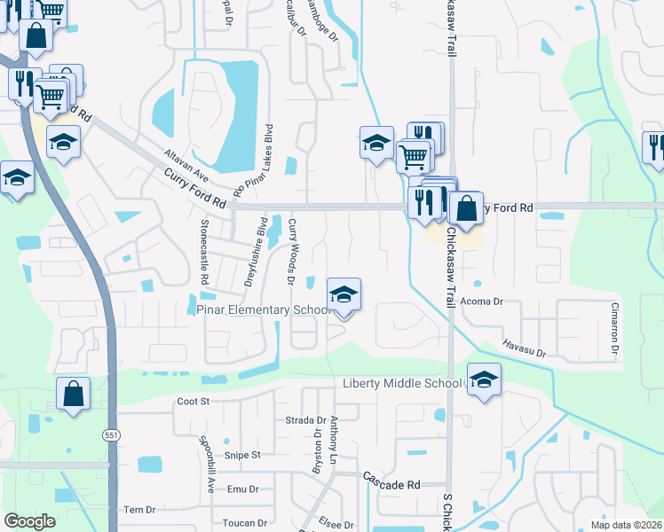 map of restaurants, bars, coffee shops, grocery stores, and more near 3007 Autumn Run Court in Orlando