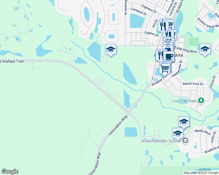 map of restaurants, bars, coffee shops, grocery stores, and more near 3715 Alafaya Heights Road in Orlando