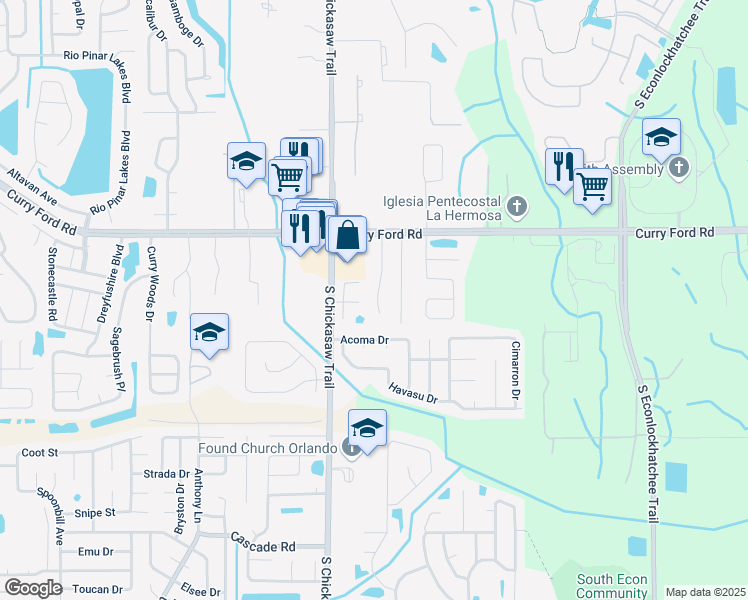 map of restaurants, bars, coffee shops, grocery stores, and more near 2820 Arbor Trail Way in Orlando