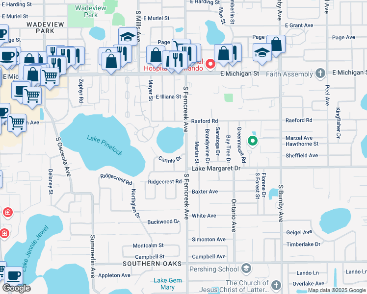 map of restaurants, bars, coffee shops, grocery stores, and more near 2922 South Ferncreek Avenue in Orlando