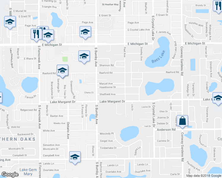 map of restaurants, bars, coffee shops, grocery stores, and more near 2600 Hawthorne Street in Orlando