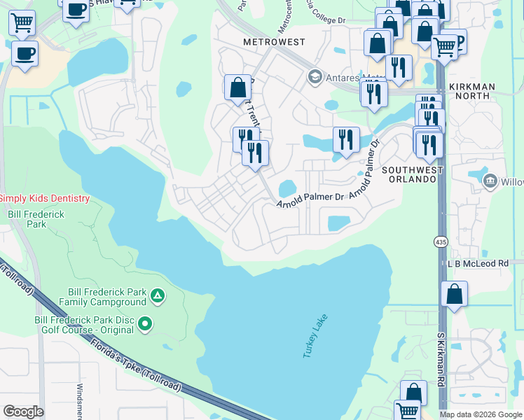 map of restaurants, bars, coffee shops, grocery stores, and more near 3497 Shallot Drive in Orlando