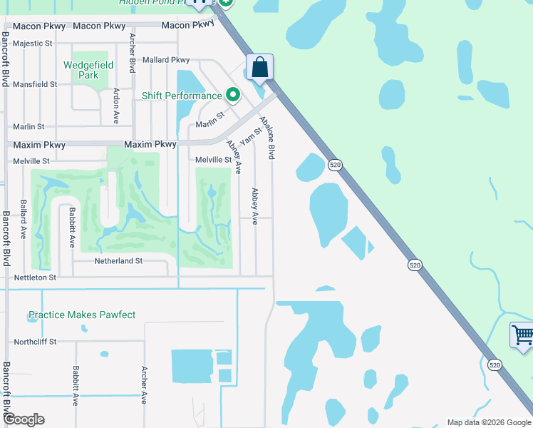 map of restaurants, bars, coffee shops, grocery stores, and more near 2658 Abalone Boulevard in Orlando