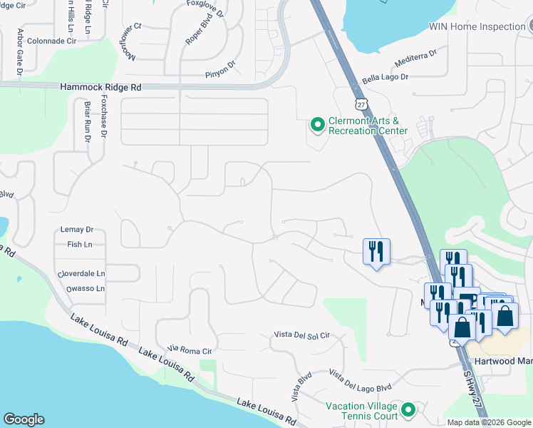 map of restaurants, bars, coffee shops, grocery stores, and more near 3970 Liberty Hill Drive in Clermont