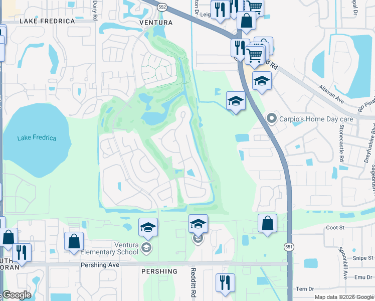 map of restaurants, bars, coffee shops, grocery stores, and more near 3480 Clear Stream Drive in Orlando