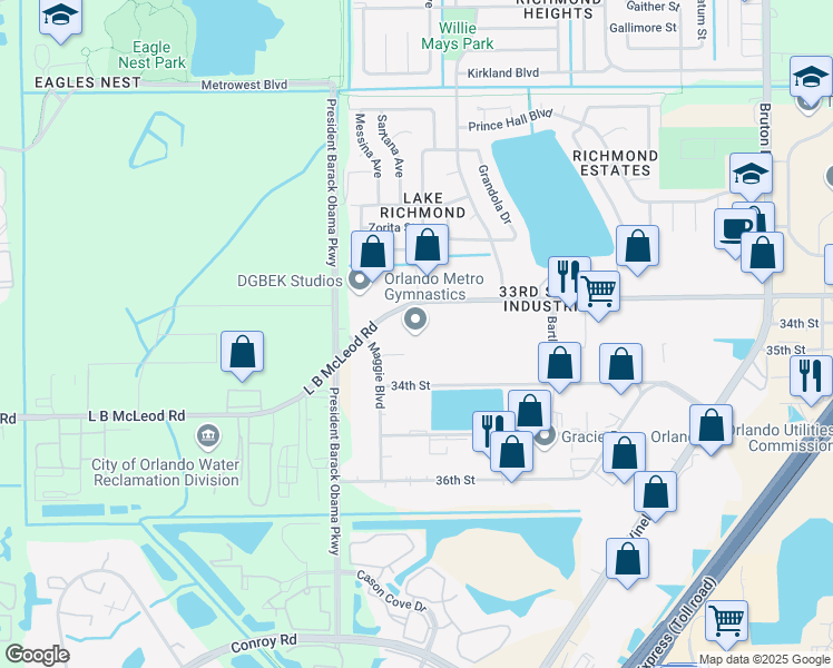 map of restaurants, bars, coffee shops, grocery stores, and more near 4640 L B McLeod Road in Orlando