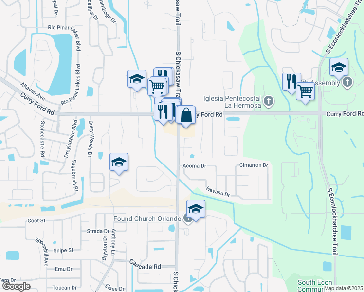 map of restaurants, bars, coffee shops, grocery stores, and more near 8515 Sparrowhawk Court in Orlando