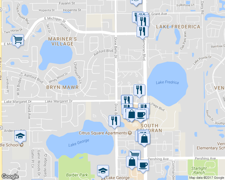 map of restaurants, bars, coffee shops, grocery stores, and more near 5461 Lake Margaret Drive in Orlando