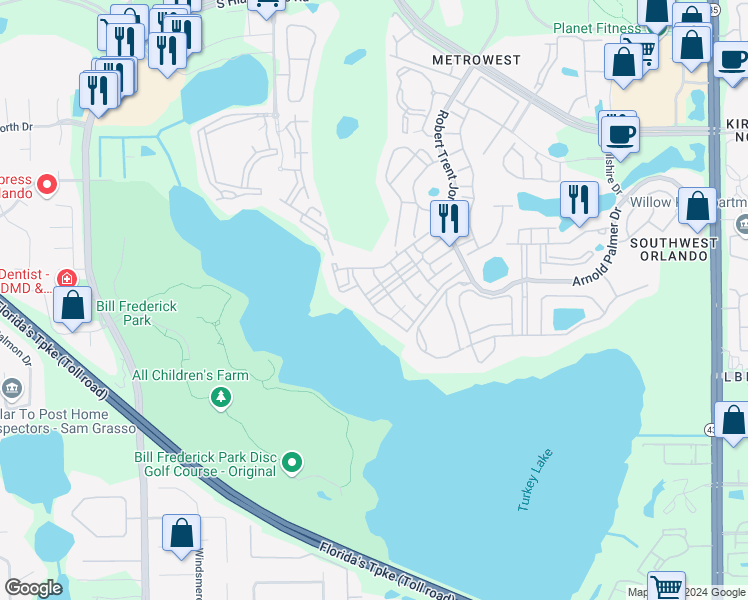 map of restaurants, bars, coffee shops, grocery stores, and more near 3406 Soho Street in Orlando