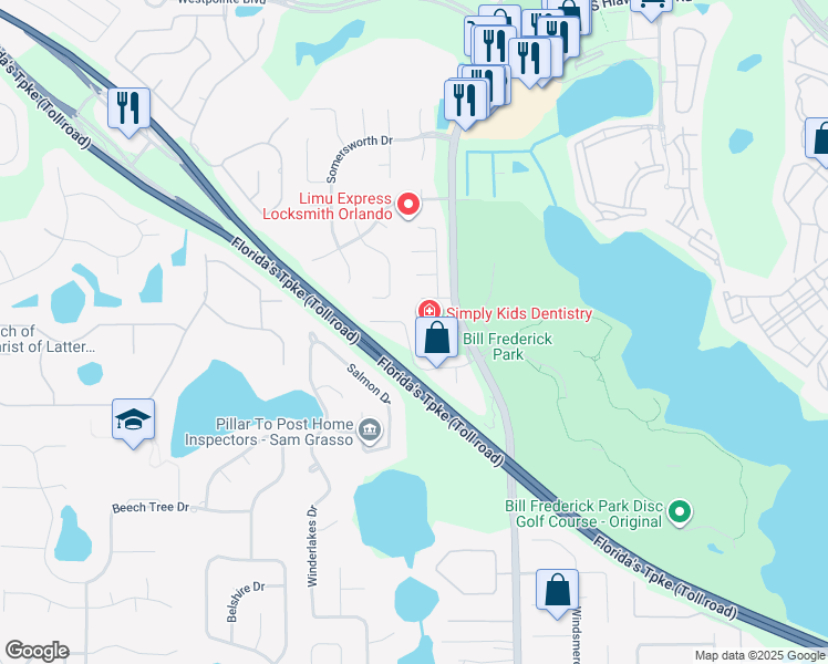 map of restaurants, bars, coffee shops, grocery stores, and more near 7313 Mardell Court in Orlando