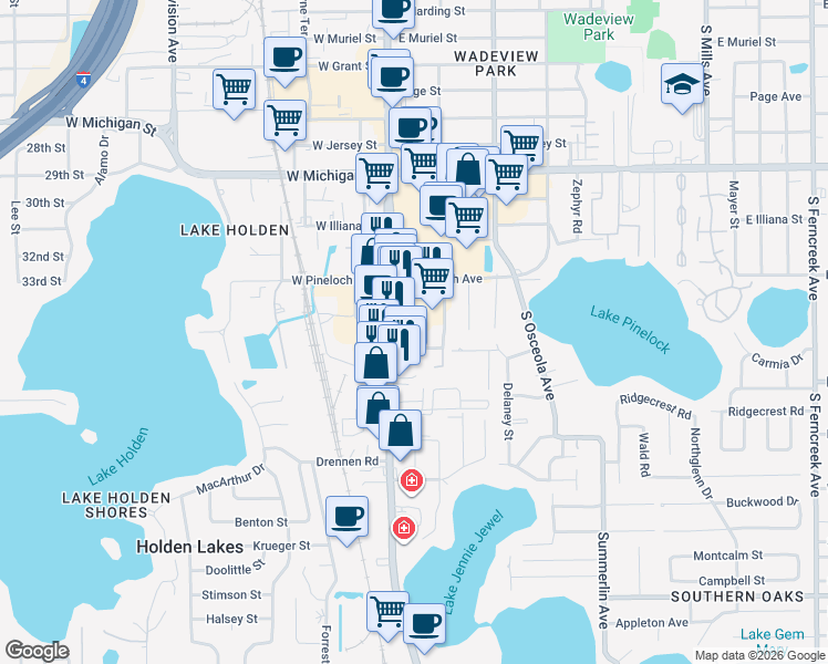 map of restaurants, bars, coffee shops, grocery stores, and more near 3219 South Orange Avenue in Orlando