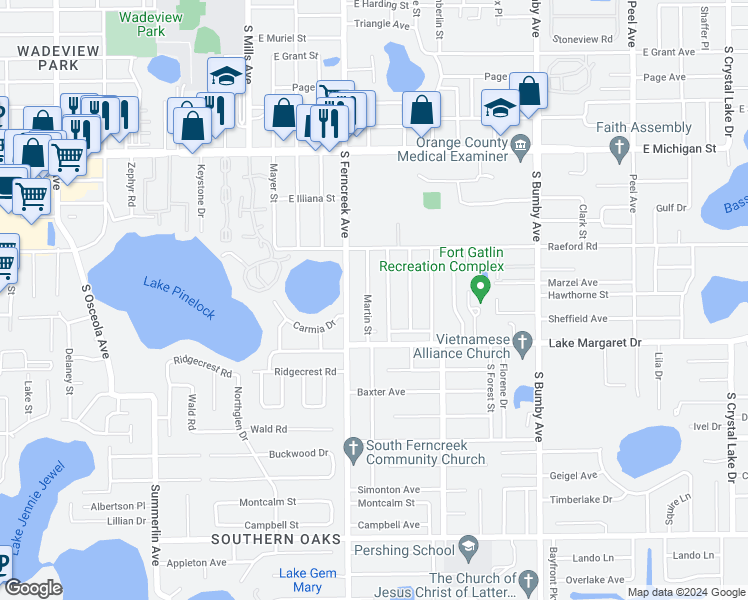 map of restaurants, bars, coffee shops, grocery stores, and more near 3021 Martin Street in Orlando