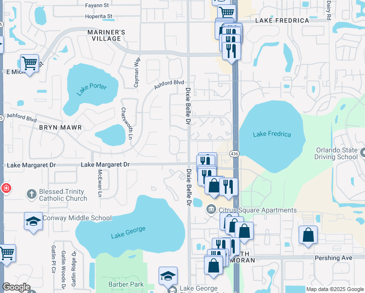 map of restaurants, bars, coffee shops, grocery stores, and more near 5461 Lake Margaret Drive in Orlando
