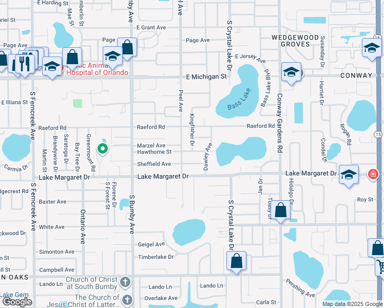 map of restaurants, bars, coffee shops, grocery stores, and more near 2830 Hawthorne Street in Orlando