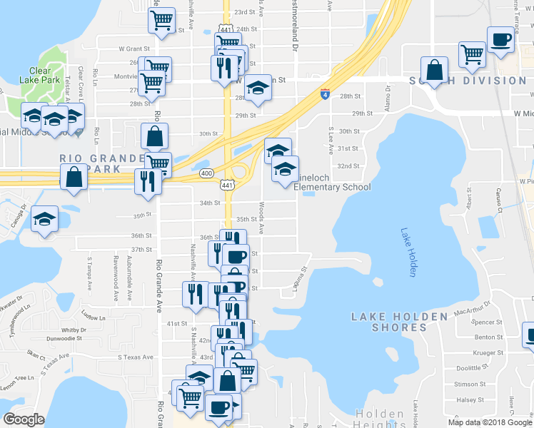 map of restaurants, bars, coffee shops, grocery stores, and more near 1047 35th Street in Orlando