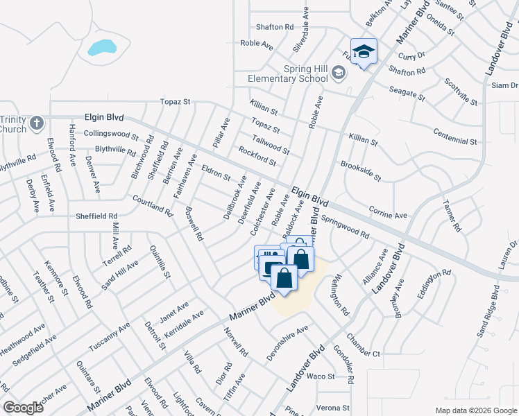 map of restaurants, bars, coffee shops, grocery stores, and more near 5247 Colchester Avenue in Spring Hill
