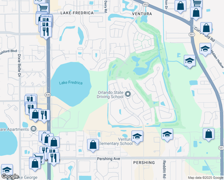 map of restaurants, bars, coffee shops, grocery stores, and more near 6138 Burnside Circle in Orlando