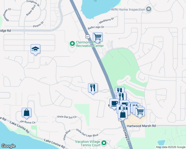 map of restaurants, bars, coffee shops, grocery stores, and more near 3984 Beacon Ridge Way in Clermont
