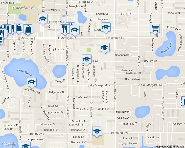 map of restaurants, bars, coffee shops, grocery stores, and more near 3034 Greenmount Rd in Orlando