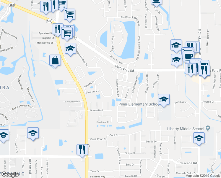 map of restaurants, bars, coffee shops, grocery stores, and more near 7777 Pine Fork Drive in Orlando
