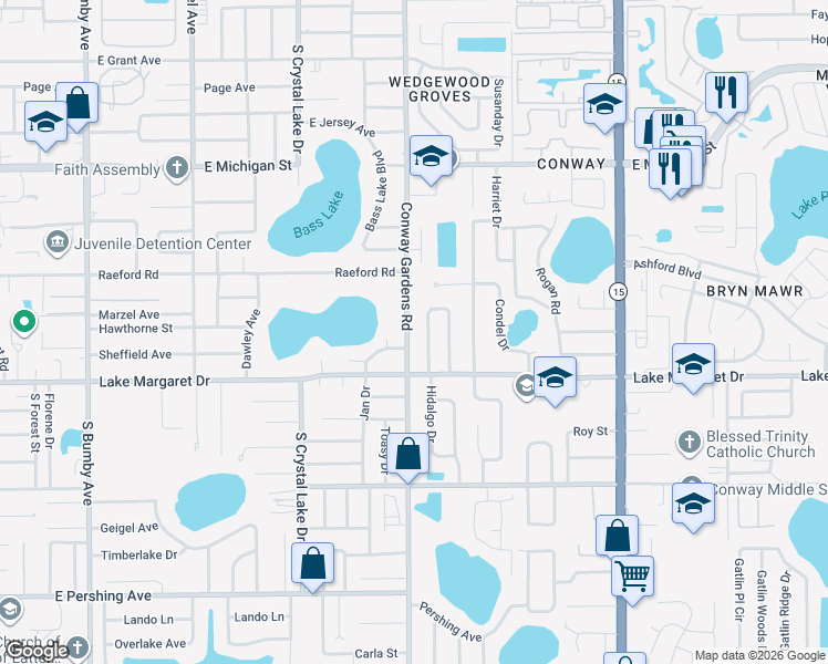 map of restaurants, bars, coffee shops, grocery stores, and more near 2923 Conway Gardens Road in Orlando