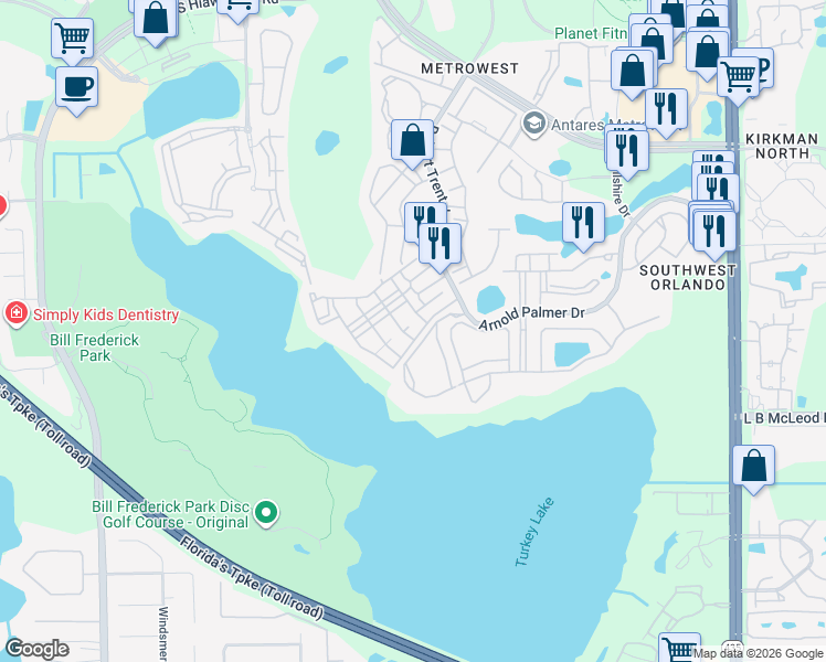 map of restaurants, bars, coffee shops, grocery stores, and more near 3403 Greenwich Village Boulevard in Orlando