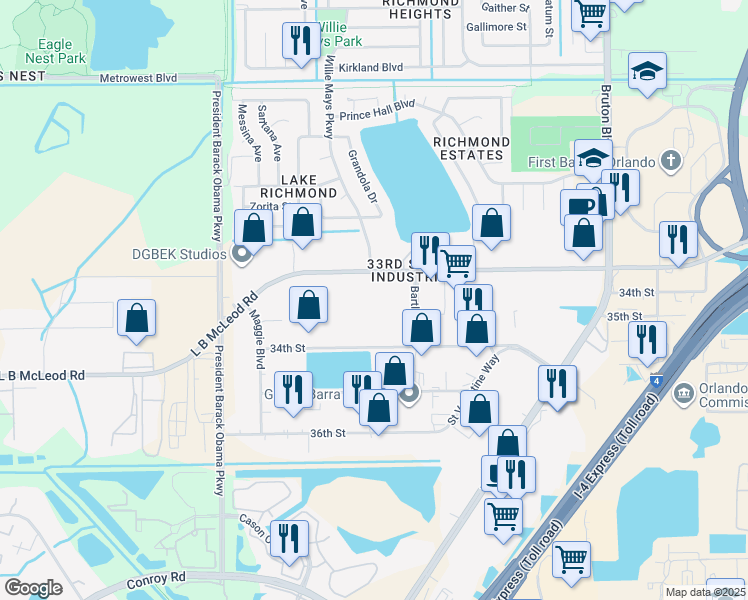 map of restaurants, bars, coffee shops, grocery stores, and more near 4542 L B McLeod Road in Orlando