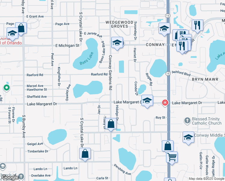 map of restaurants, bars, coffee shops, grocery stores, and more near 2923 Conway Gardens Road in Orlando